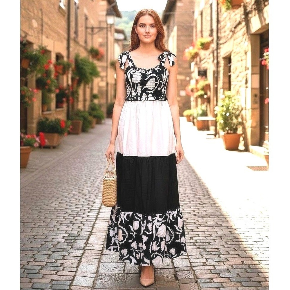 100% Cotton Maxi Dress Size (L) - Summer Tiered Smocked Bow Tie Black & Cream‎
